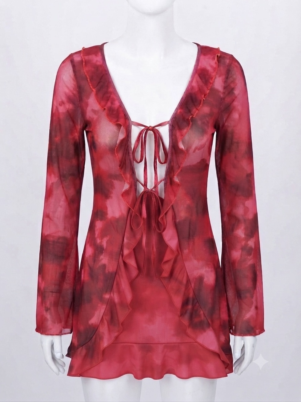 Y2K Tie-Dye Mesh Lace-Up Mini Dress Size S Long Sleeve Ruffle Aesthetic Clubwear